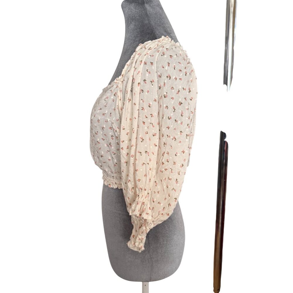 Billabong Floral Print Cropped Peasant Top With Elastic Hem & Puff Sleeves Size - Picture 4 of 6
